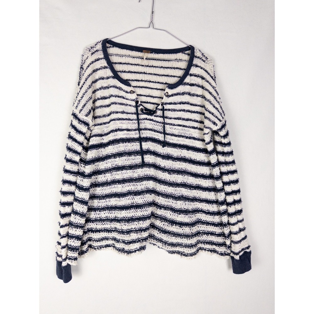 Free People Judy Punk Sweater Womens M White Blue Crochet‎ Lace Up Pullover